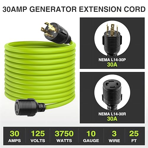 Image of Nilight 25FT 30Amp Generator Extension Cord 125V Heavy Duty 10 /3 Gauge Pure Copper STW Wire UL ETL Listed 4 Prong L14-30P L14-30R Weatherproof Suit for Camper Outdoor Use Bright Green