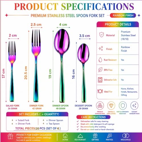 Image of Classic Rainbow 16 Pcs Stainless Steel Cutlery Set for Dining Table, Dishwasher Safe Glossy Flatware (Perfect Spoon Fork Set)