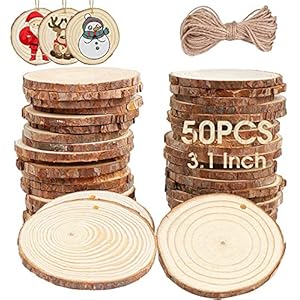 AerWo Natural Wood Slices Christmas Ornaments, 50 Pcs 2.7-3.1 Inches Small Wood Slices with Holes, Round Plain Wooden Circle Ornaments Blanks for DIY Crafts Unfinished Xmas Wooden Ornaments