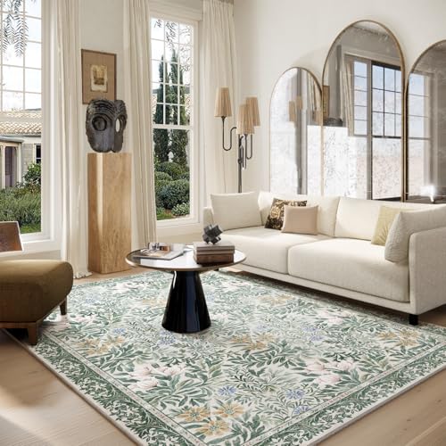 Image of Botanical Floral Area Rug 6x9 Light Green Cream Vintage Garden Design, Perfect for Living Room, Bedroom, Kids Room, Nursery - Stain & Water Resistant Non-Slip, Pet & Child Friendly Area Rugs