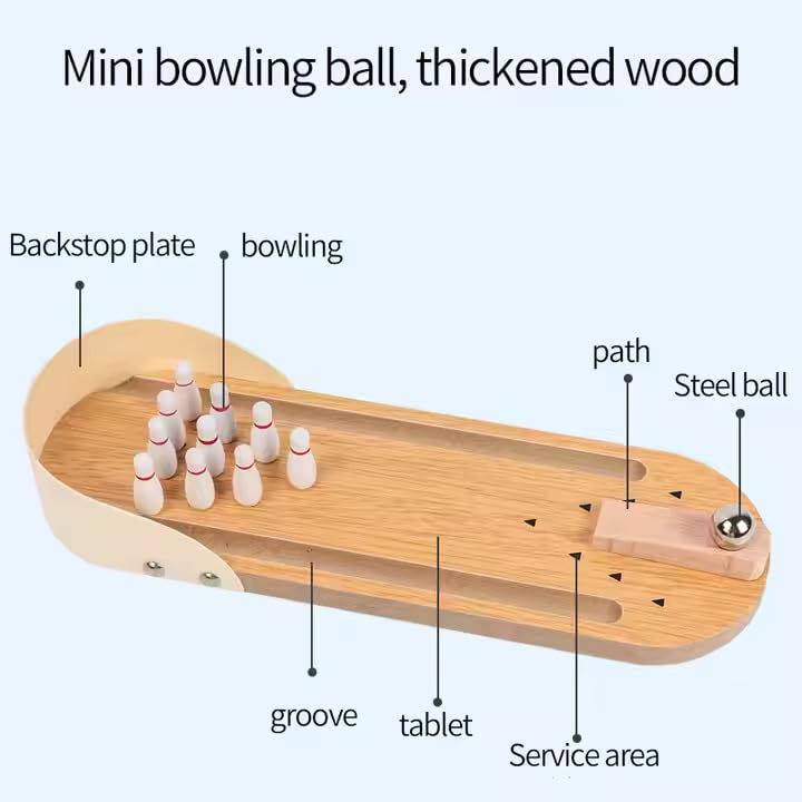 MARA BOMMAI Mini Desktop Bowling Game Set, Wooden Alley with 10 Pins and Metal Ball | Parent-Child Indoor Entertainment Game | Perfect for Kids Above 4 Year Old - Image 3 thumbnail