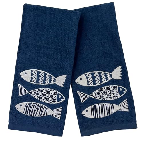 Coastal Bathroom Hand Towels – Set of 2 Navy Blue 100% Cotton Embroidered White Fish Design – 25 x 16” Decorative Bath & Kitchen Towels