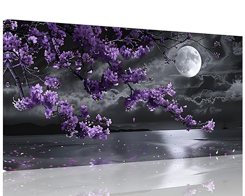 TutuBeer 1 Pcs Purple Bedroom Pictures Wall Decor Purple Canvas Art Black and White Sea Night Full Moon Purple Flower Print on Canvas Purple Wall Picture for Room Decor Stretched and Framed 8x16 inch