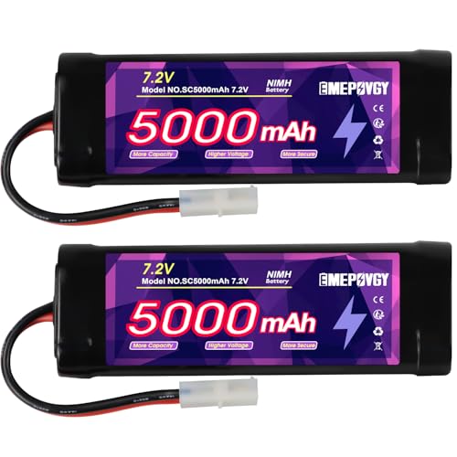 EMEPOVGY 7.2V RC NiMH Battery 5000mAh Capacity Rechargeable 6-Cell Flat Battery Pack with TMY Plug(2 Packs)