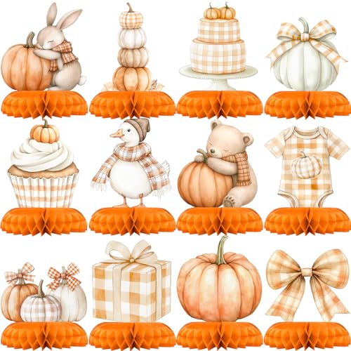Fall Pumpkin Baby Shower Centerpieces 12 PCS Honeycomb Table Decorations A Little Pumpkin On Her Way Orange Gingham Rustic Nursery Dcor