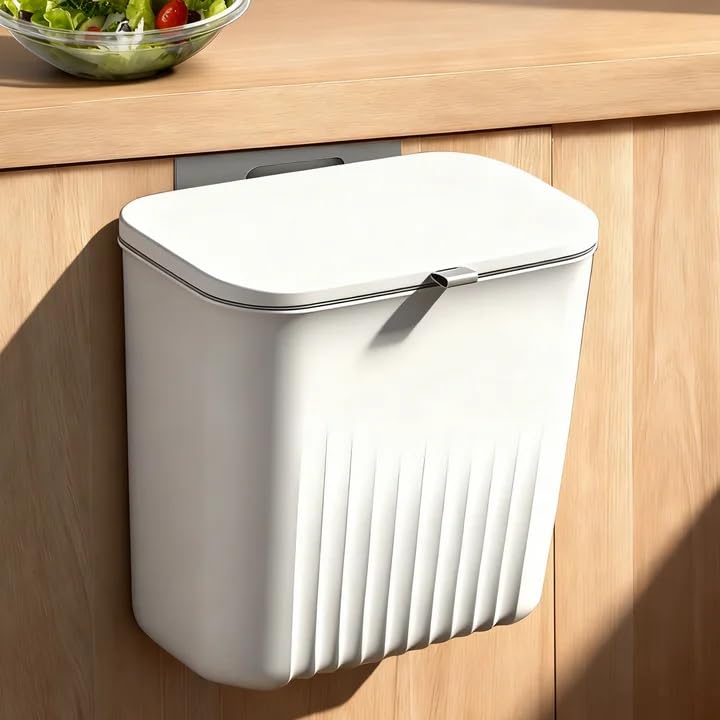 Accessonico 8L Kitchen Bin Hanging Compost Bin Dustbin Wall Mounted Compost Under Kitchen Counter Bins with Lid for Under Sink Cupboard Door Cabinet Camping Bathroom Bedroom (White)