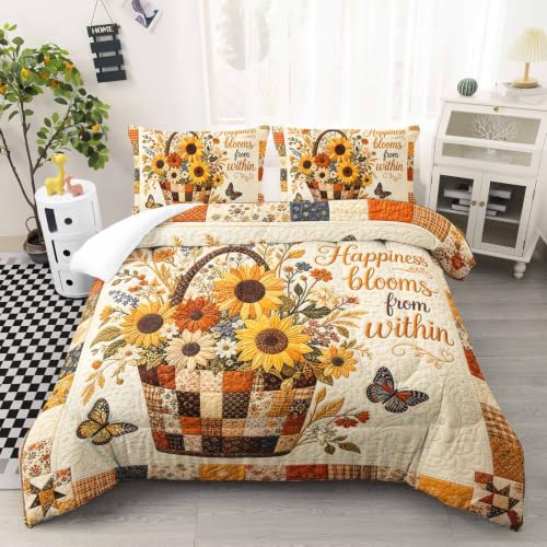 Image of AILONEN Sunflower Basket Twin Bedding Set 3 Piece, 1 Comforter + 2 Pillowcases, Golden Petals Butterflies Patchwork Quote Happiness Blooms from Within for Rustic Cottage Bedroom