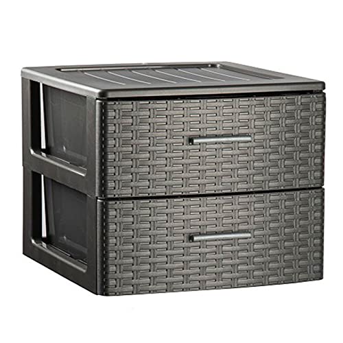 Plastic Forte - Cajonera de ordenación Rattan de plástico, 2 cajones, efecto mimbre 31,5 x 39,5 x 36,5 cm, gris antracita. Torre de almacenaje multiusos, organizador auxiliar, almacenamiento