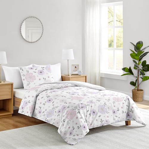 Image of Sweet Jojo Designs 2-Piece Twin Comforter Set (Purple /Grey Boho Floral) for Girls, Kids, Teen, College Bed Room incl. Single Size Bedding & Sham (Watercolor, Flower, Elegant, Rose, Farmhouse, Blush)