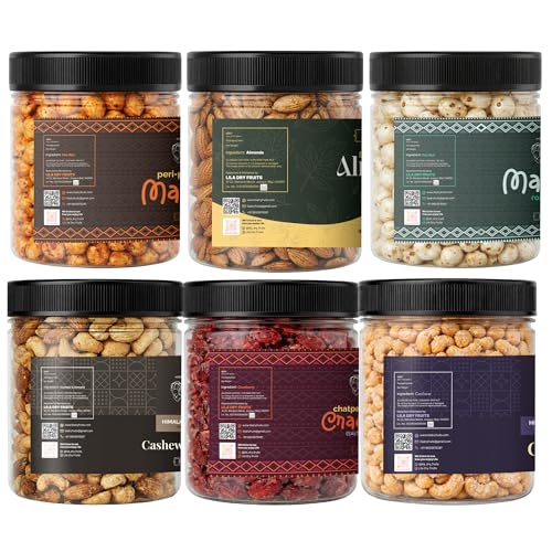 Image of LILA DRY FRUITS Party Snack Combo Roasted Cashew, Himalayan Pink Salt Cashew Almond, Black Pepper Almond, Chatpata Cranberry, Makhana Peri Peri, Makhana Roasted (500 grams)