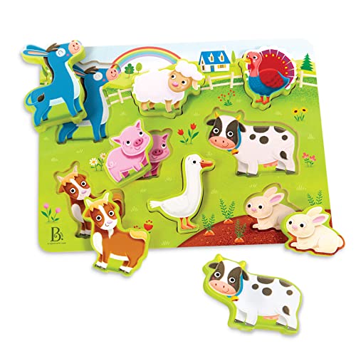 B. toys Wooden Chunky for Toddlers, Kids Animal Puzzle – Cow, Sheep, Pig & More – 2 Years + – Peek & Explore-Farm Animals, Multicolor (Branford BX2213GZ)