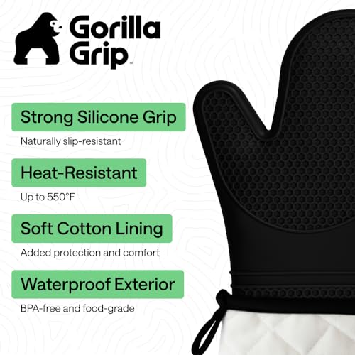 Image of Gorilla Grip Silicone Non Slip Oven Mitt Set, Flexible Oven Gloves, Professional Heat Resistant Kitchen Cooking Mitts, Protect Hands from Hot Surfaces, Cookie Sheets, Black Pair, Set of 2