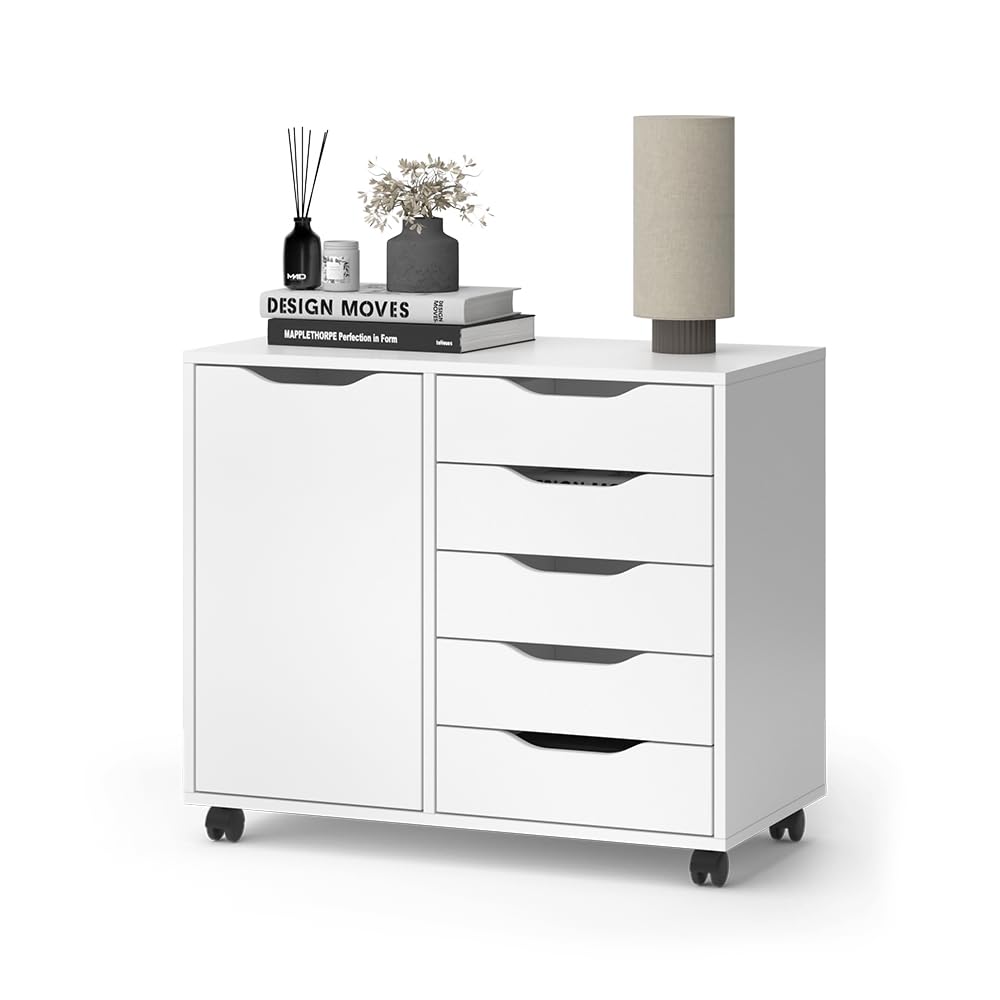Vicco Aparador Otwin, Blanco, 40.6 x 61.5 cm | con 5 cajones y 1 puerta, para guardar ropa y artículos del hogar