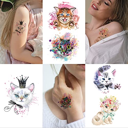 Father.son 12 Sheets Watercolor Cat Temporary Tattoos For Girls Kids, Cute Kitty Waterproof Fake Tattoos Body Art Sticker, Animal Birthday Supplies, Pet Lover Party Favors, Meow Arts And Crafts #TOP2