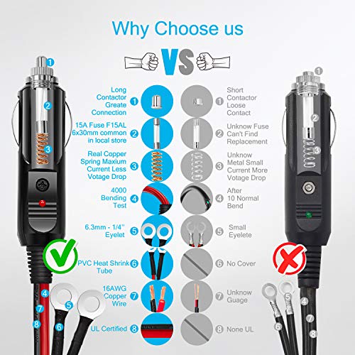 [UL Wire]Chanzon 6Ft Male Plug Cigarette Lighter Outlet + Eyelet Terminal Spring Power Supply Cord 12V 16AWG Heavy Duty Cable Fused DC Power 12 24 Volt Socket for Car Inverter Tire Inflator Air Pump