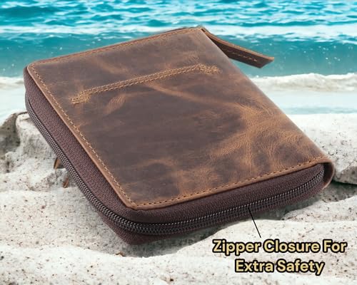 Passport Wallet - Travel Document Holder w/RFID Blocking – Full Grain Leather – Bifold compact zip around Wallet with Credit Card Slots for Women and Men,distressed brown,500-304