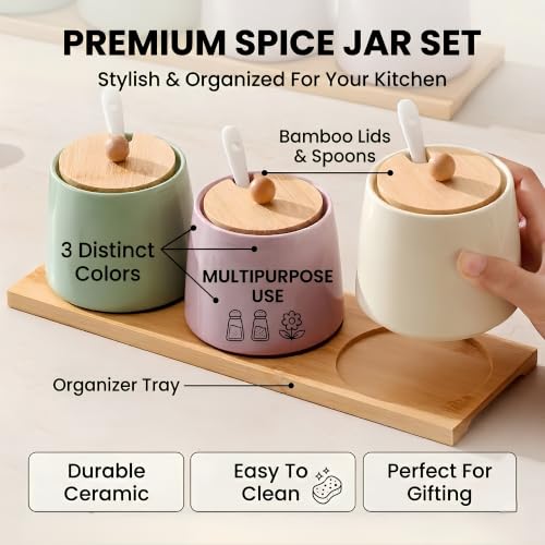 Image of 3-Piece Ceramic Spice Jar Set with Natural Bamboo Lids, Serving Spoons, and Base Organizer Tray, Pastel Multicolor Condiment Pots, 250ml Each for Masala, Sugar, Ghee, Salt, Countertop Storage
