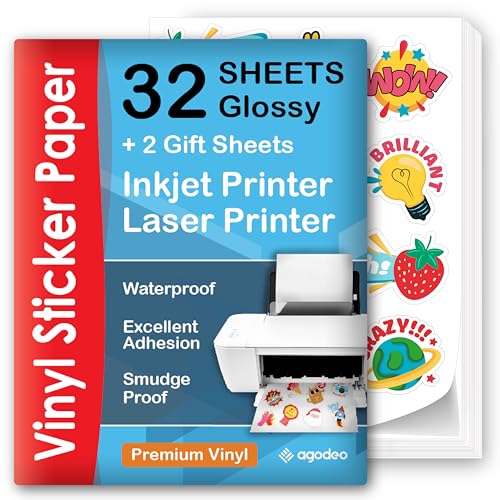 Bedruckbares Vinyl-Aufkleberpapier – 32 Blatt – glänzend, A4 – Vinyl-Aufkleberpapier für Laser- und Tintenstrahldrucker – Sticker Papier zum Bedrucken – Trocknet Schnell, Lebendige Farbe (Glossy)