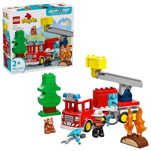LEGO DUPLO Town Fire Truck with Hose and Firefighter Building Toy for Toddlers - Learning Play Set for Boys & Girls, Ages 2+ - Building Blocks for Motor Skills Practice - Gift for Birthdays - 10473