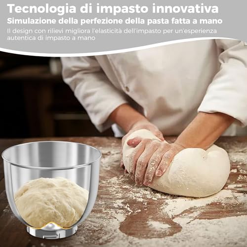 YASHE Impastatrice Planetaria 1500W, 2 Ciotole in Acciaio Inox 4,5L + 5L, 10+P Velocità, Testa Inclinabile, con Gancio Impastatore, Frusta e Sbattitore, Nero - immagine 5
