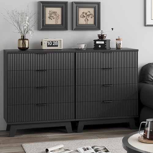 Image of Xixini Fluted Nightstand, 31.5 inch Wide Side Table with 4 Large Storage Drawers, Mid Century Modern Wood Night Stand with Metal Handle, Wooden Bedside End Table for Bedroom, Black