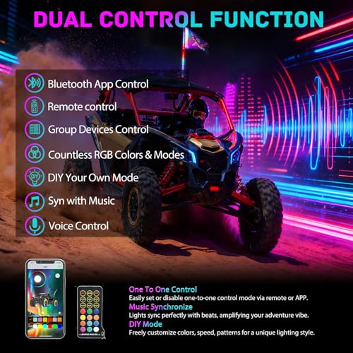 Image of Nilight LED Whip Light 1 PC 4FT COB RGB Spiral Lighted Antenna with Spring Base, Bluetooth App & Remote Control DIY Chasing Patterns & Music Sync Safety Whips for ATV UTV RZR Polaris Can-Am Truck