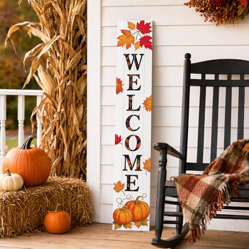 Image of Vertical Wooden Fall Welcome Porch Sign,Rustic Autumn Porch Standing Sign,Decorative Leaning Sign for Front Entrance,Farmhouse Style Outdoor Welcome Decoration-47.2 inch H.