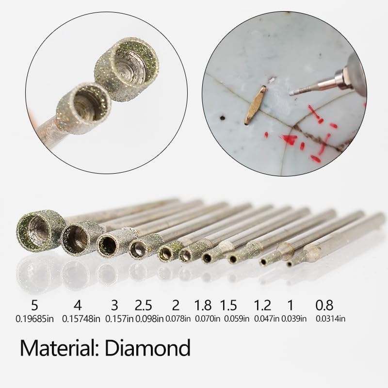 Diamond Core Drill Bit Set, Multi-Size Hollow Drilling Tools for Glass Stone Ceramic Engraving, 0.8-5mm, 10 Pieces
