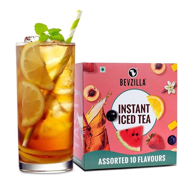 Image of Bevzilla Instant Iced Tea Mix - 10 Refreshing Flavours (30g Each) | Perfect Summer Drink | Cold Brew + 10 Assorted Milkshake Cubes in 4 Delicious Flavours | Hot & Cold Beverage Combo
