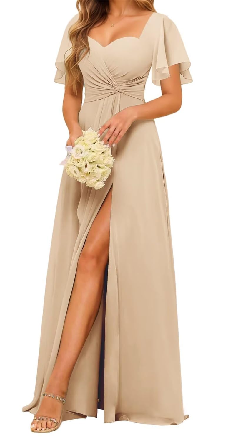Hppee Women's Champagne Bridesmaid Dresses With Sleeves For Pleated Corset Chiffon Formal Dress Evening Gown Plus Size Uk22