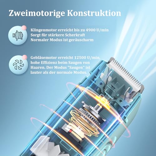 Vakuum Haarschneidemaschine für Kinder und Männer, Elektrisches haarschneider mit Doppelter Motorleistung, Kabelloser Profi Haartrimmer mit Hautfreundlicher Klinge, IPX7 Wasserdicht, Wiederaufladbar