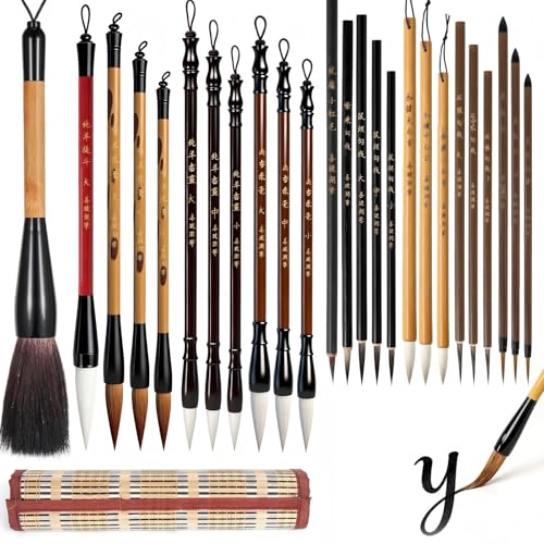 Corciosy 25PCS Chinese Calligraphy Brush Set Writing Brush with Bamboo Storage Scoll Japanese or Chinese Kanji Sumi-E Drawing Watercolor Brush