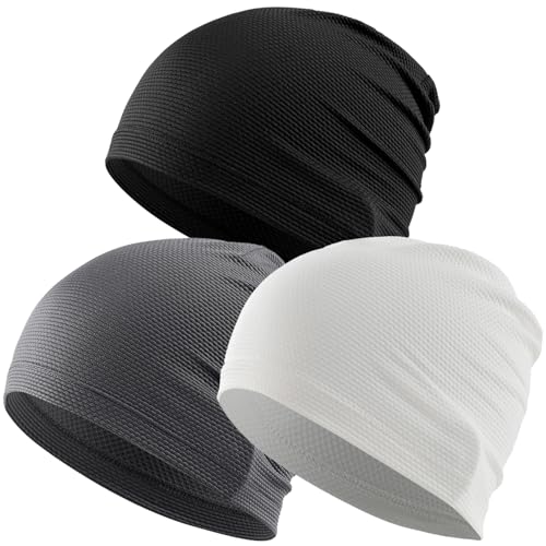 Justrideon 3-Pack Cooling Skull Caps for Men Summer Beanie Breathable Quick Dry Moisture Wicking Skull Cap for Cycling Motorcycle Running Hard Hat Helmet Liner Black White Grey
