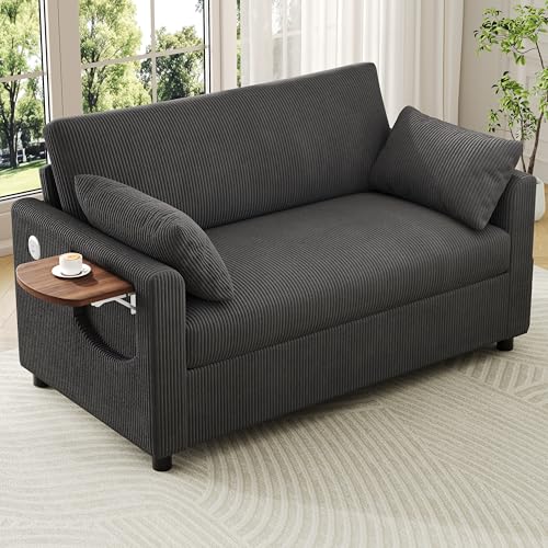 Sofá cama extensible gris de dos plazas con mesa plegable para salones pequeños 4