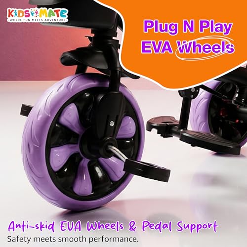 Image of Kidsmate Junior Tricycle for Kids with Parental Control | Cycle for Kids 1-4 Years | Baby Cycle | Bicycle with Storage Basket, Cushion Seat and Seat Belt Carrying Capacity 30 Kgs (Purple)