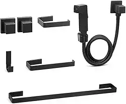 Kit De Acessórios Para Banheiro TKA Com 7 Peças Em Metal Preto Fosco Design Quadrado Compatível Com Padrão Deca Indicado Para Ambientes Residenciais E Corporativos Com Acabamento Durável E Sofisticado
