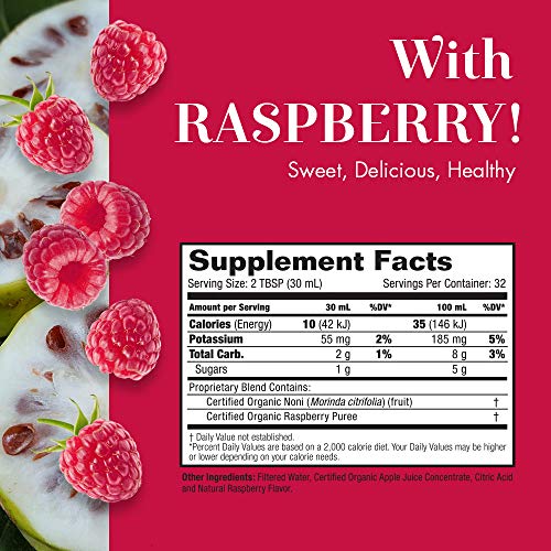Dynamic Health Certified Organic Noni (Morinda Citrifolia) Blend W/ Raspberry | For Increased Energy & Body Health | No Additives, Vegetarian |32Oz #TOP1