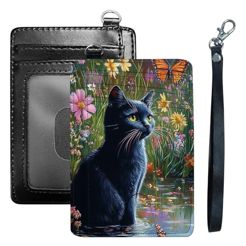Slim RFID Leather Card Wallet w/ ID Slot – Cat & Butterfly