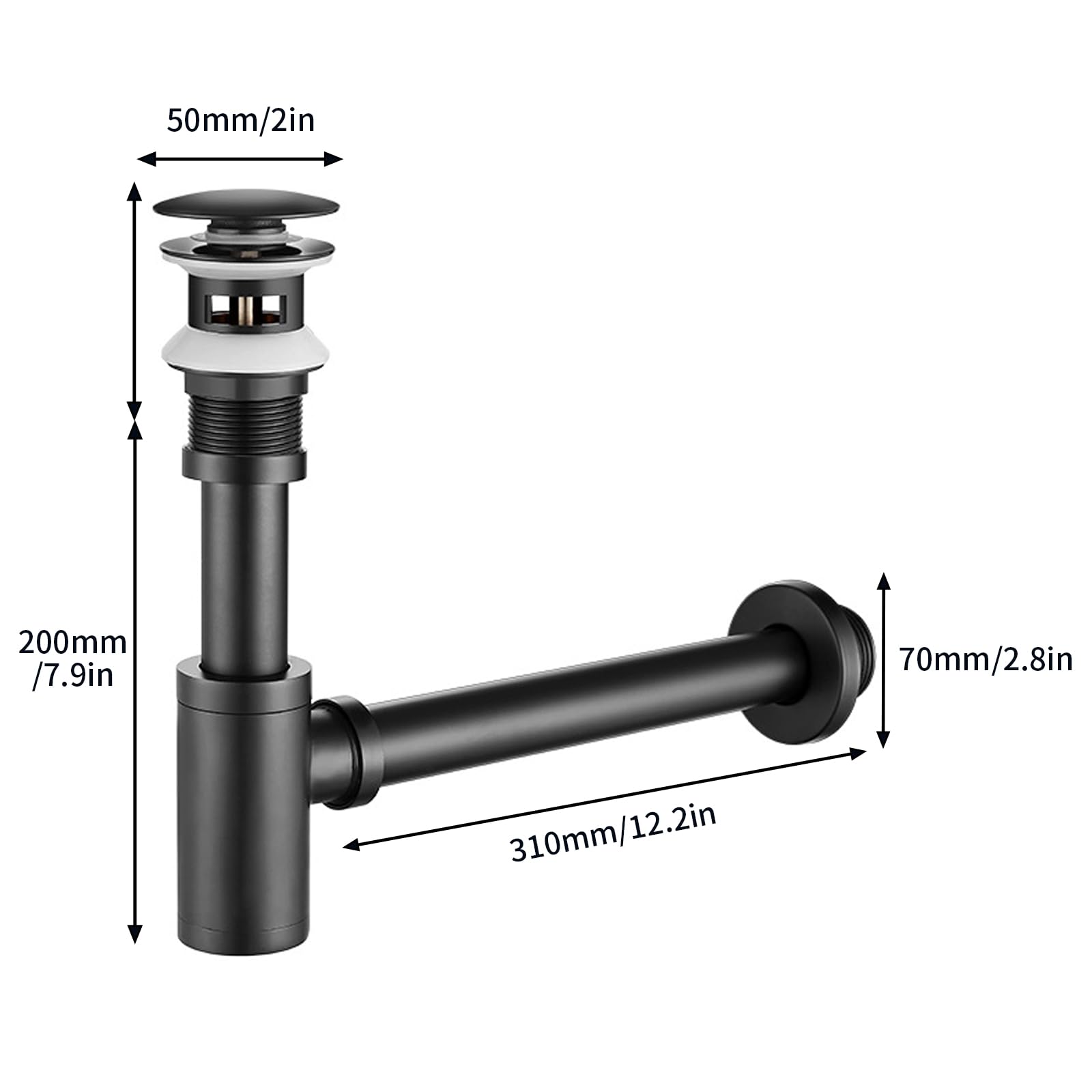 Design Siphon Waschbecken mit Ablaufgarnitur mit Überlauf, Universal Röhrensiphon Abflussrohr und Ablaufventil Pop Up, Messing Syphon Sifon Pop Up Abflussgarnitur Abfluss Waschtisch Bad Schwarz (C)