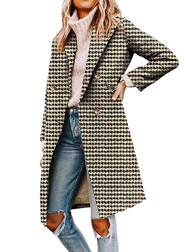 Yousify Women's Wool & Pea Coats Double Breasted Houndstooth Coat Women Notched Lapel Collar Long Winter Trench Coats