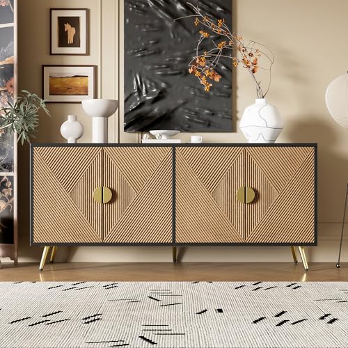 BTM Buffet Salon 160cm, Buffet Cusine avec 4 Portes, Armoire de Rangement, Poignées en Laiton Brossé, 160x40x75cm, Bois et Noir