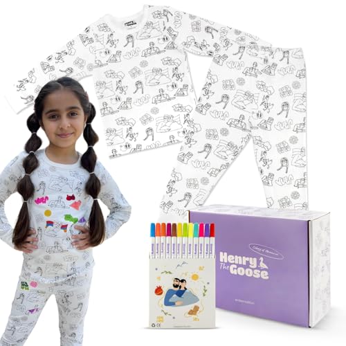 Coloring Pajamas for Kids Made with Original Cotton | Kids Pajamas Girls & Boys with 12 Non Toxic Markers to Personalize their Sleepwear with Unique Designs | Ideal Gift for Girls & Boys | 8 Years