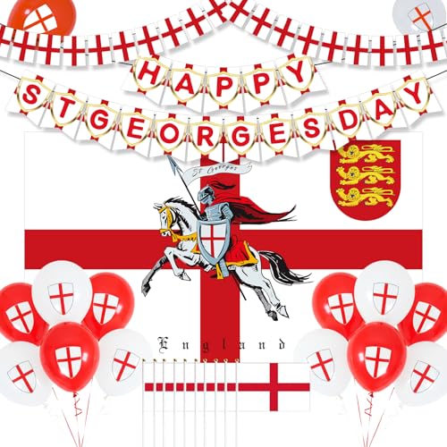 Happy St. Georges Day Decorations - Large St Georges Flag Backdrop Banner Happy St George Buttings Banner White Red Flags Balloons Party Decorations