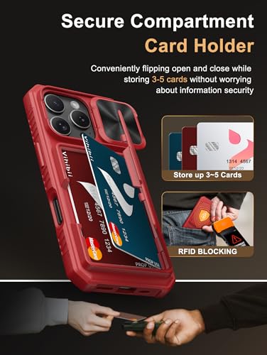 Image of Vihibii for iPhone 16 Pro Wallet Case with Card Holder (4 Cards) [RFID Blocking] & Slide Camera Cover & Raised Edges Protect Screen, Shockproof Rugged Phone Cover for iPhone 16 Pro 5G 6.3 inch 2024, Red