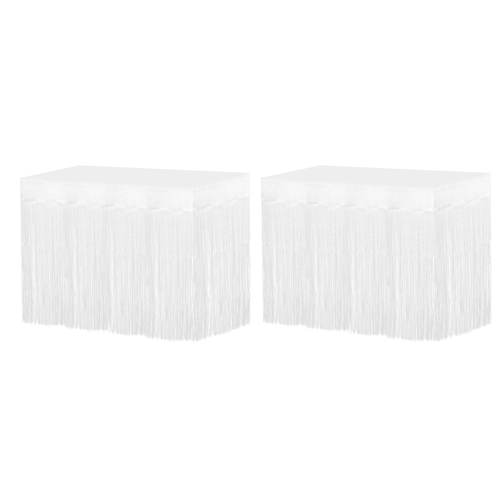 MECCANIXITY 2 Pcs 29x108 Inch Light White Metallic Foil Fringe Tinsel Table Skirts for Rectangle Tables Tinsel Backdrop Curtain for Wedding Birthday Party Decoration