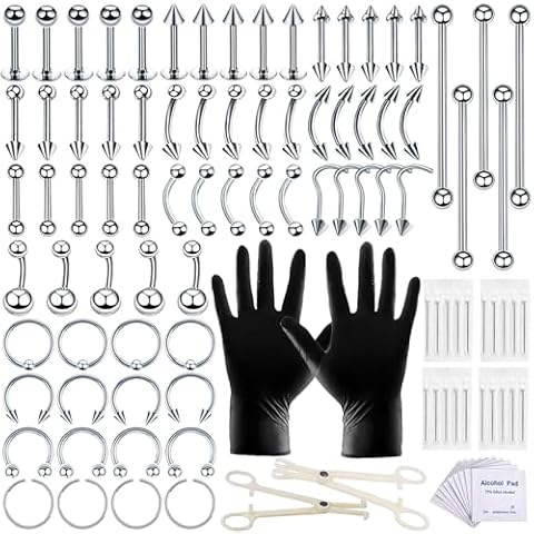 100 PCS Piercing Kit 14G 16G Nose Septum Rings Silver Piercing Jewelry for Nose Belly Button Tongue Body Piercing Tools Kit with 20 PCS 12G 14G Piercing Needle Cover