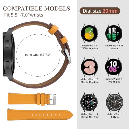 Premium Italy Leather Bands Compatible with Samsung Galaxy Watch 7 6 5 4 40/44mm, Galaxy 5 Pro 45mm, Galaxy Watch 6 4 Classic Active 2, 20mmLeather Watch Soft Replacement Strap for WomenMen(Pack of 2)