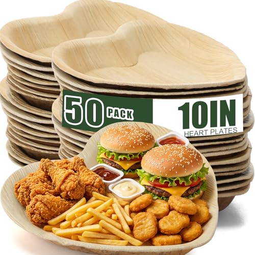 Ferrochef 50 Pcs Heart Shaped Palm Leaf Plates, Disposable Compostable