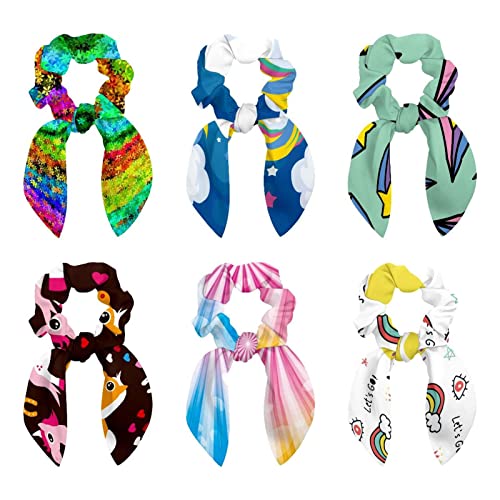 Élastiques à cheveux longs avec nœud licorne arc-en-ciel pour fille et femme (Lot de 6)