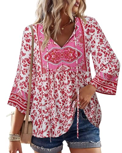 Unixseque Summer Boho Womens Tops Floral Print Dressy Casual V-Neck Tie Front Trendy Fall 3/4 Sleeve Blouses